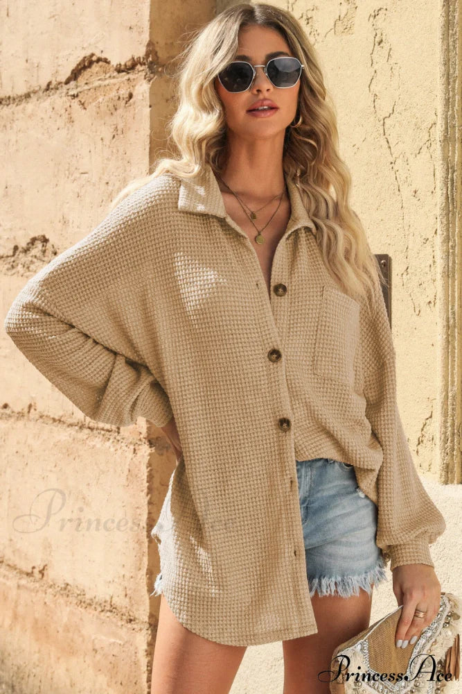 with Blouse Waffle-Knit Dropped Neck Collared Shoulder image 10