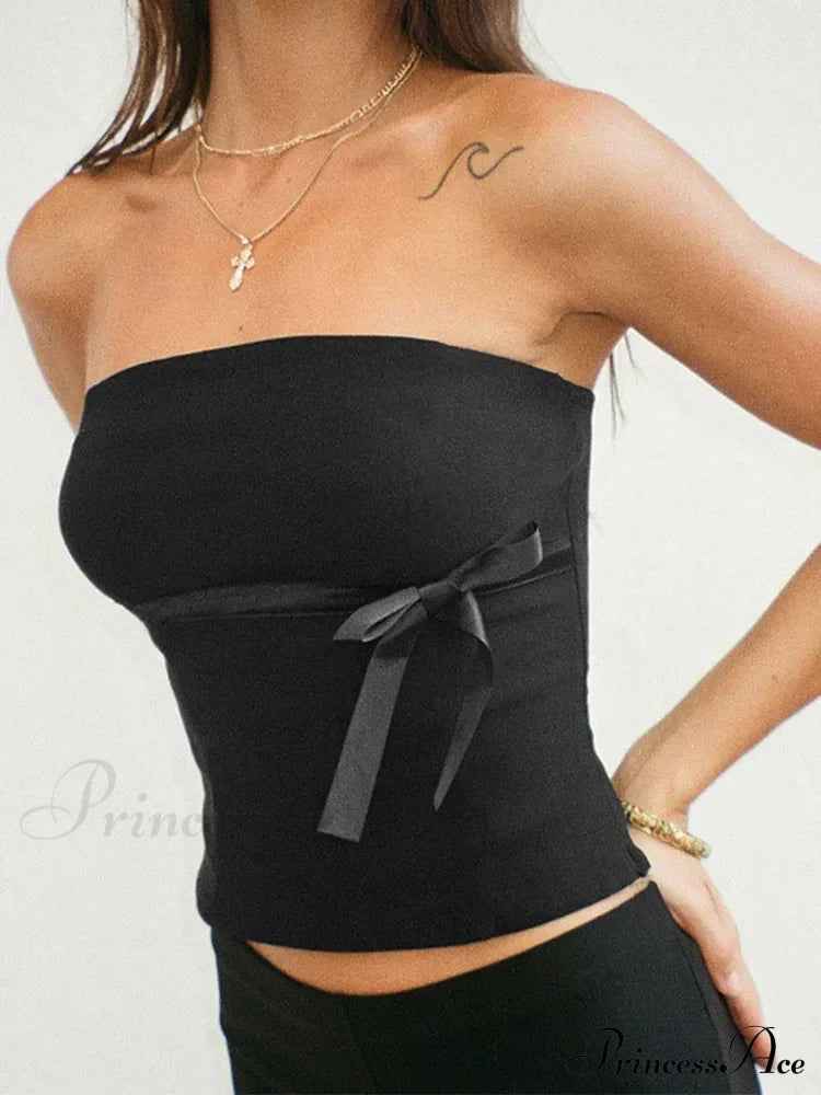 Women Harajuku Pullover Strapless Bowtie Patchwork Skinny Crops Camisole Shirt Outfits Tank top image 1