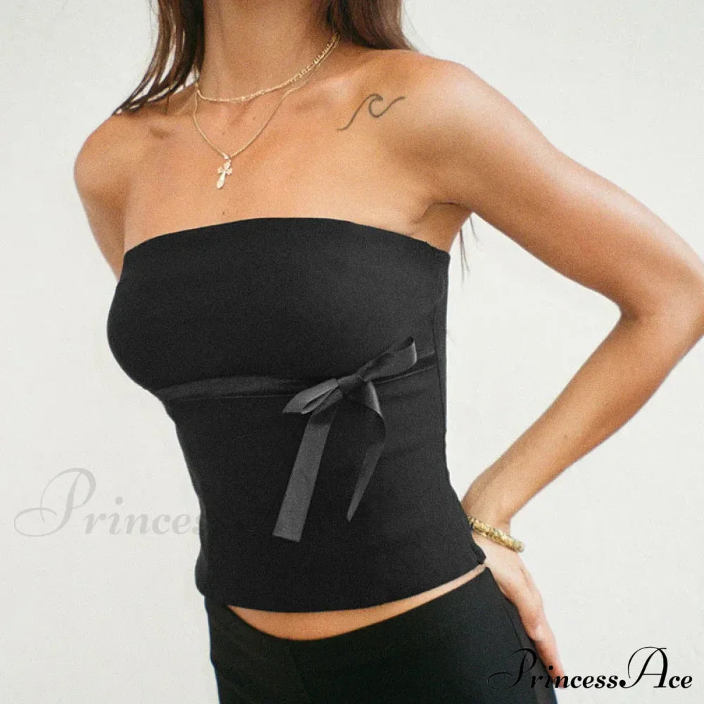 Women Harajuku Pullover Strapless Bowtie Patchwork Skinny Crops Camisole Shirt Outfits Tank top image 5
