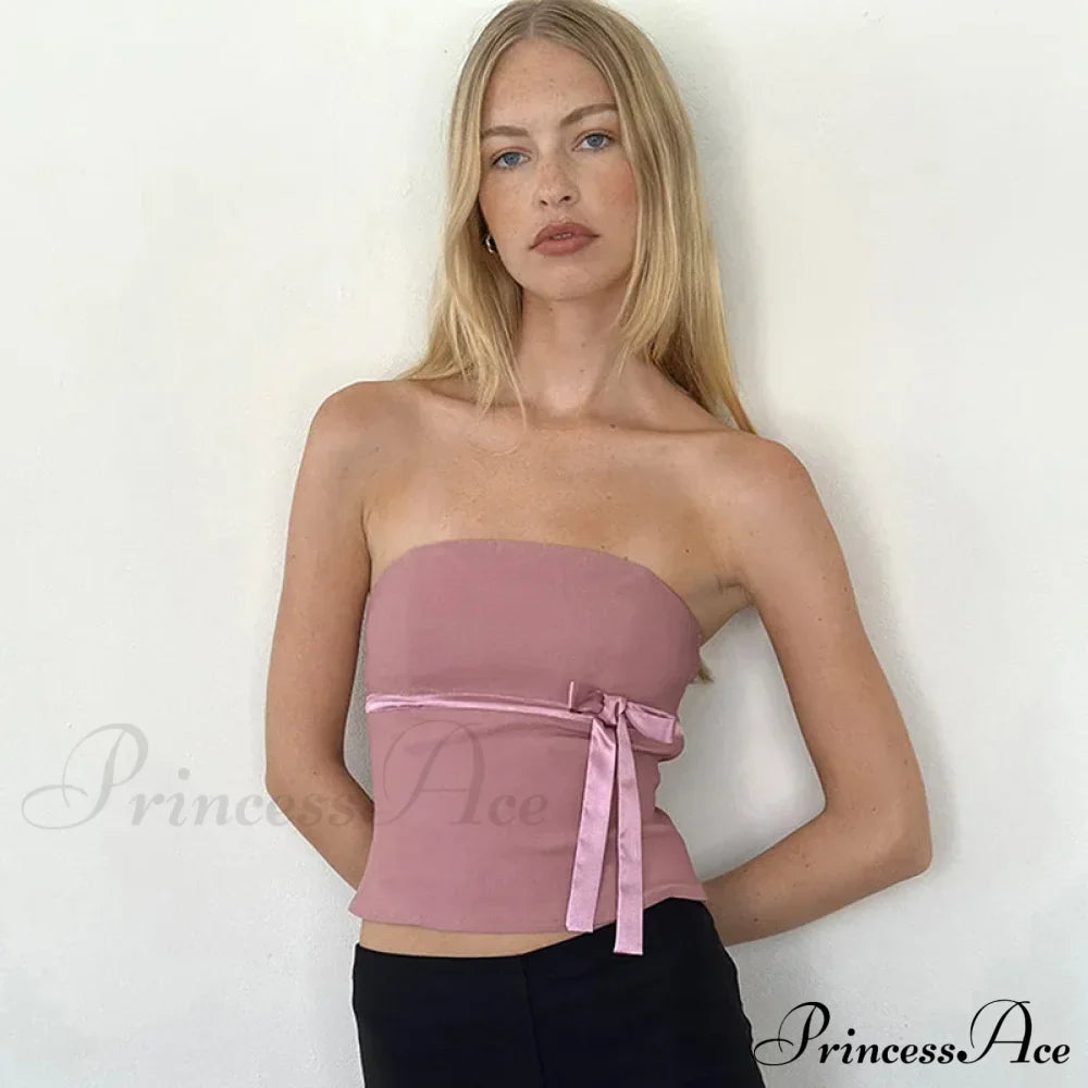 Women Harajuku Pullover Strapless Bowtie Patchwork Skinny Crops Camisole Shirt Outfits Tank top image 6