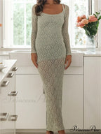 Women Bodycon Lace See Through Hollow Out O-neck Sleeve Back Split Party Female Vestidos image 1