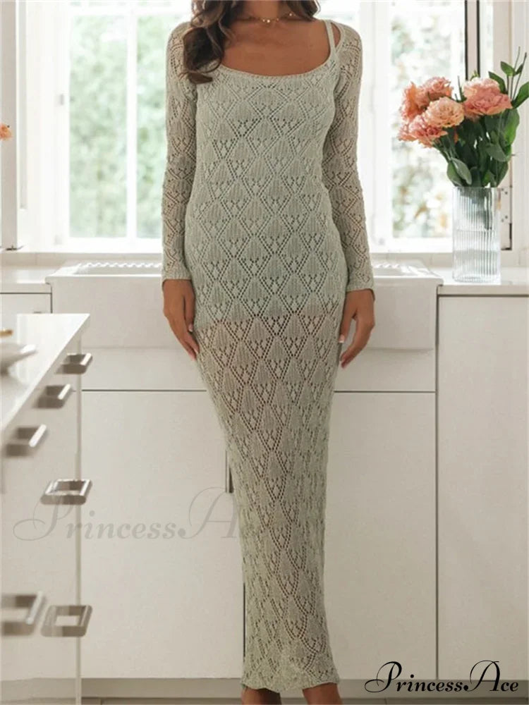 Women Bodycon Lace See Through Hollow Out O-neck Sleeve Back Split Party Female Vestidos image 1