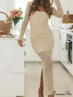 Women Bodycon Lace See Through Hollow Out O-neck Sleeve Back Split Party Female Vestidos image 4