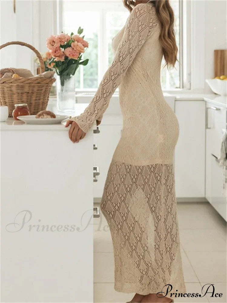Women Bodycon Lace See Through Hollow Out O-neck Sleeve Back Split Party Female Vestidos image 6