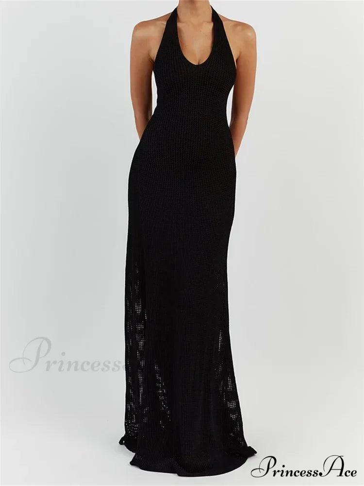 Women Bodycon Solid Deep V Neck Halter Sleeveless Backless Knitted Summer Holiday Beach Vestido image 6