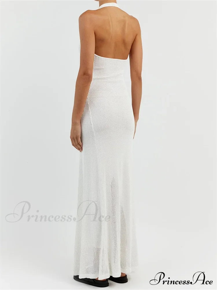 Women Bodycon Solid Deep V Neck Halter Sleeveless Backless Knitted Summer Holiday Beach Vestido image 2