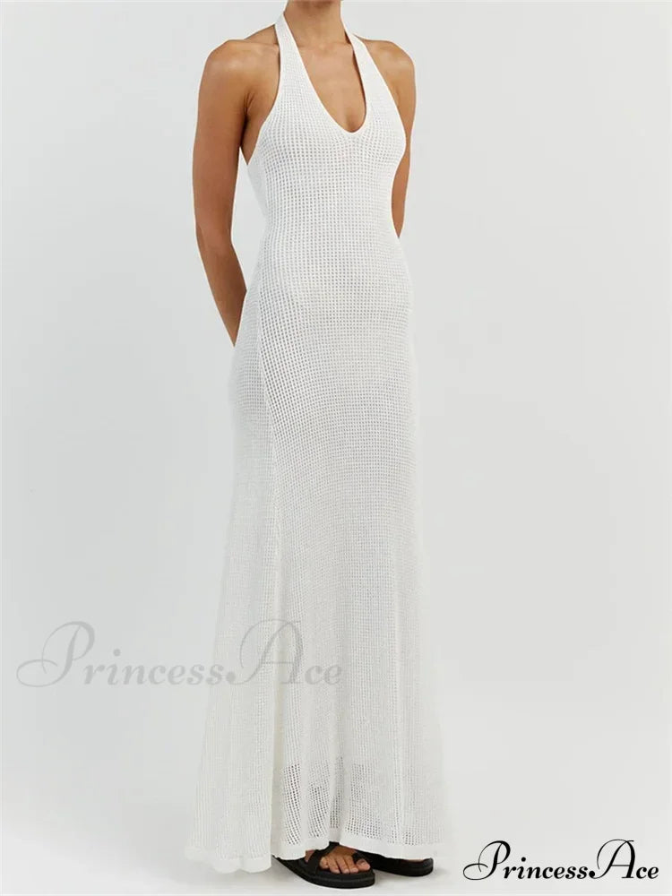 Women Bodycon Solid Deep V Neck Halter Sleeveless Backless Knitted Summer Holiday Beach Vestido image 3
