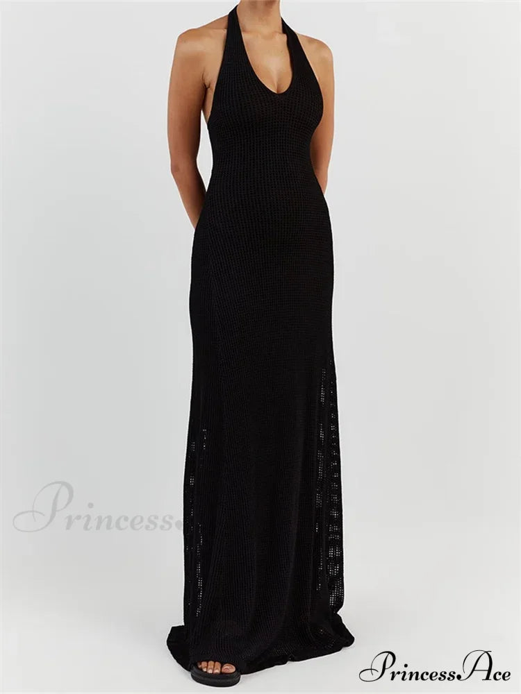 Women Bodycon Solid Deep V Neck Halter Sleeveless Backless Knitted Summer Holiday Beach Vestido image 5