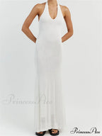 Women Bodycon Solid Deep V Neck Halter Sleeveless Backless Knitted Summer Holiday Beach Vestido image 1