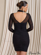 Women Bodycon With Mesh Gown Mini Arm Ruched Sexy Zipper Party Halter Robe Gown Backless Long Autumn Vestidos image 3