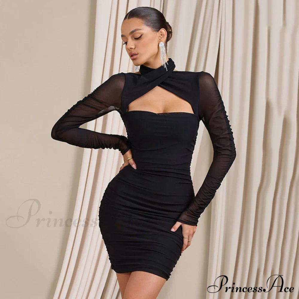 Women Bodycon With Mesh Gown Mini Arm Ruched Sexy Zipper Party Halter Robe Gown Backless Long Autumn Vestidos image 4
