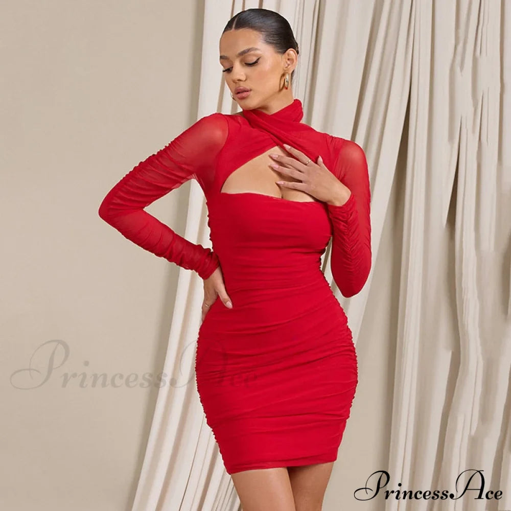 Women Bodycon With Mesh Gown Mini Arm Ruched Sexy Zipper Party Halter Robe Gown Backless Long Autumn Vestidos image 5