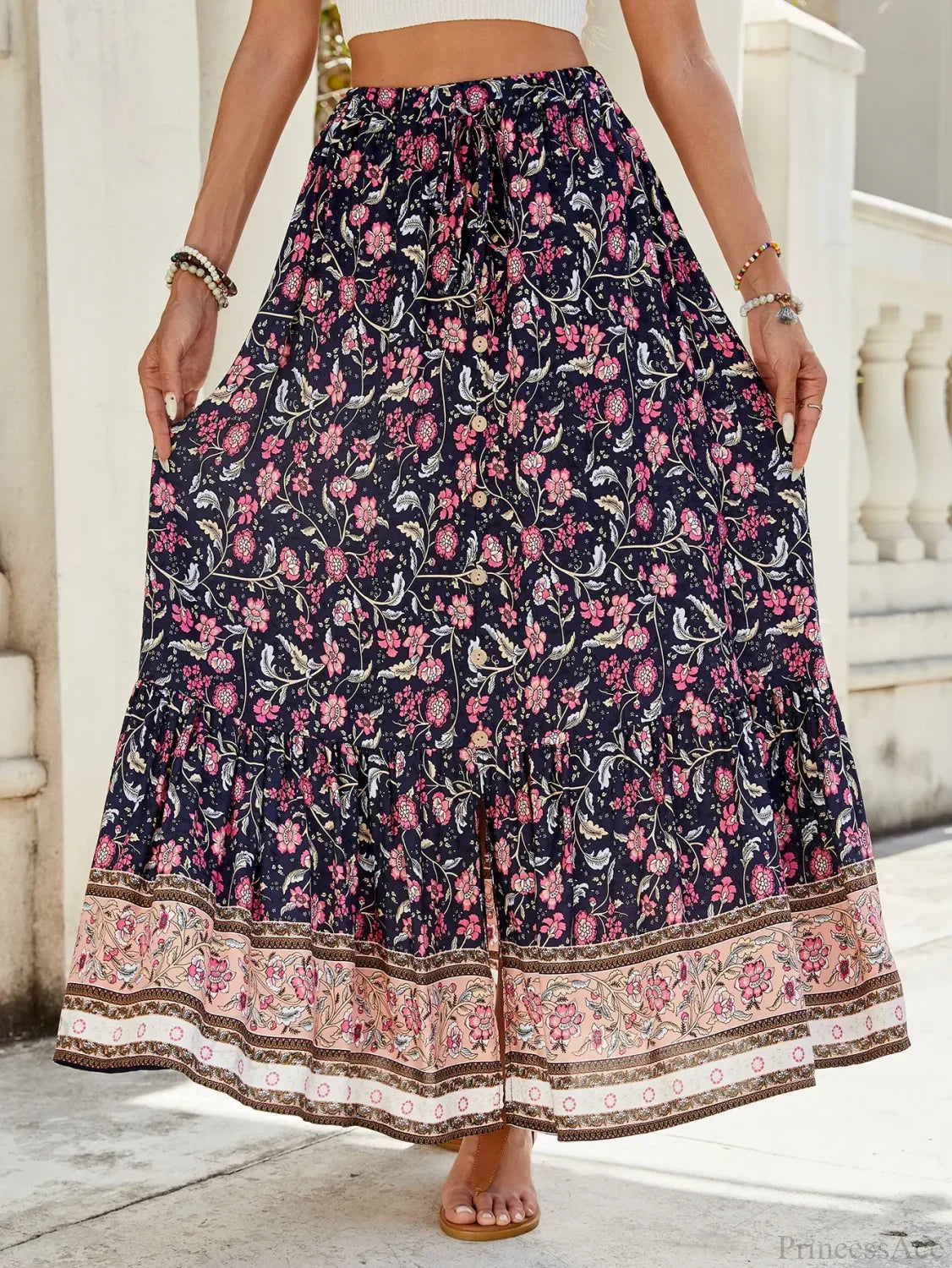 Women Boho Maxi Skirts Button Down Floral A-line Hippie Chic image 7