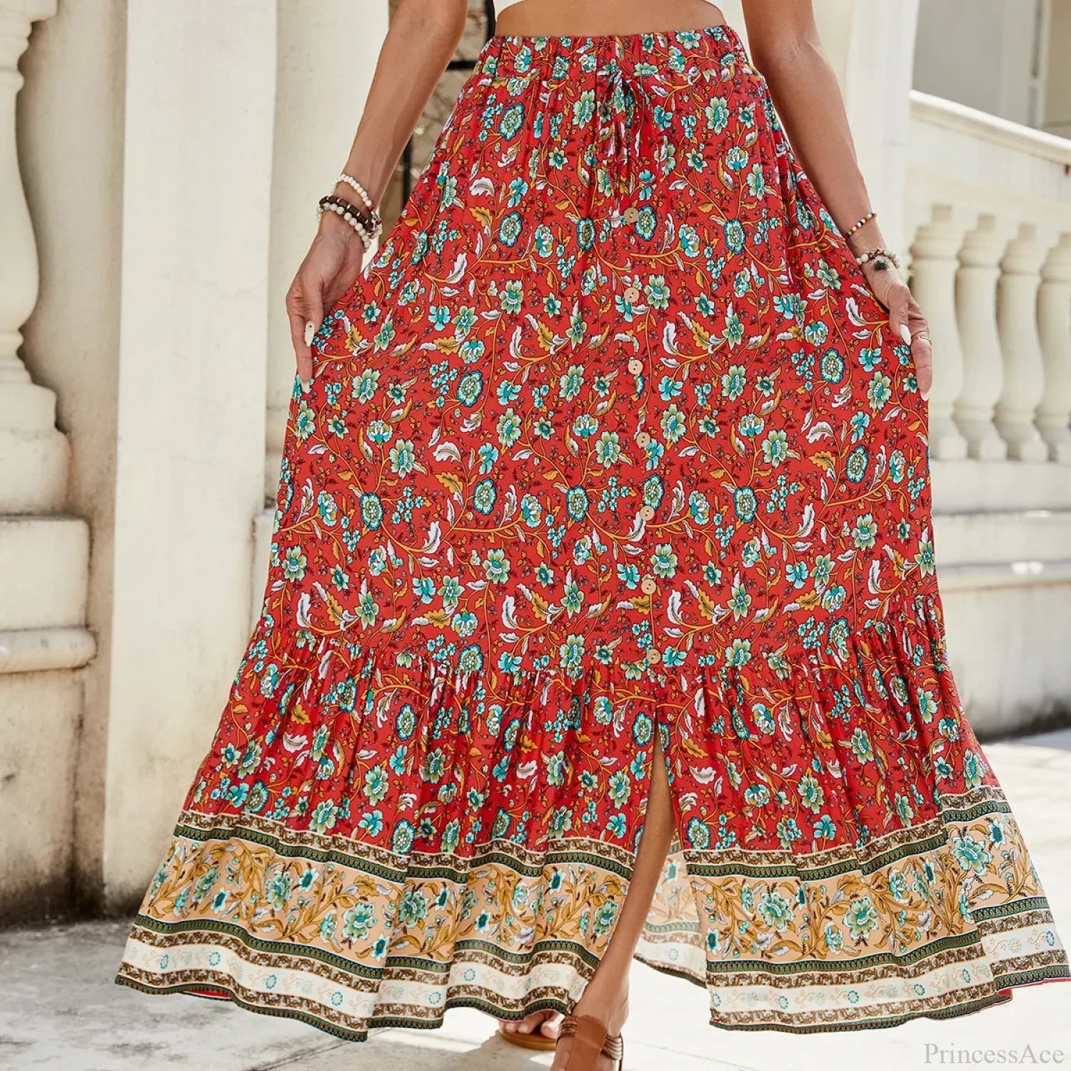 Women Boho Maxi Skirts Button Down Floral A-line Hippie Chic image 8