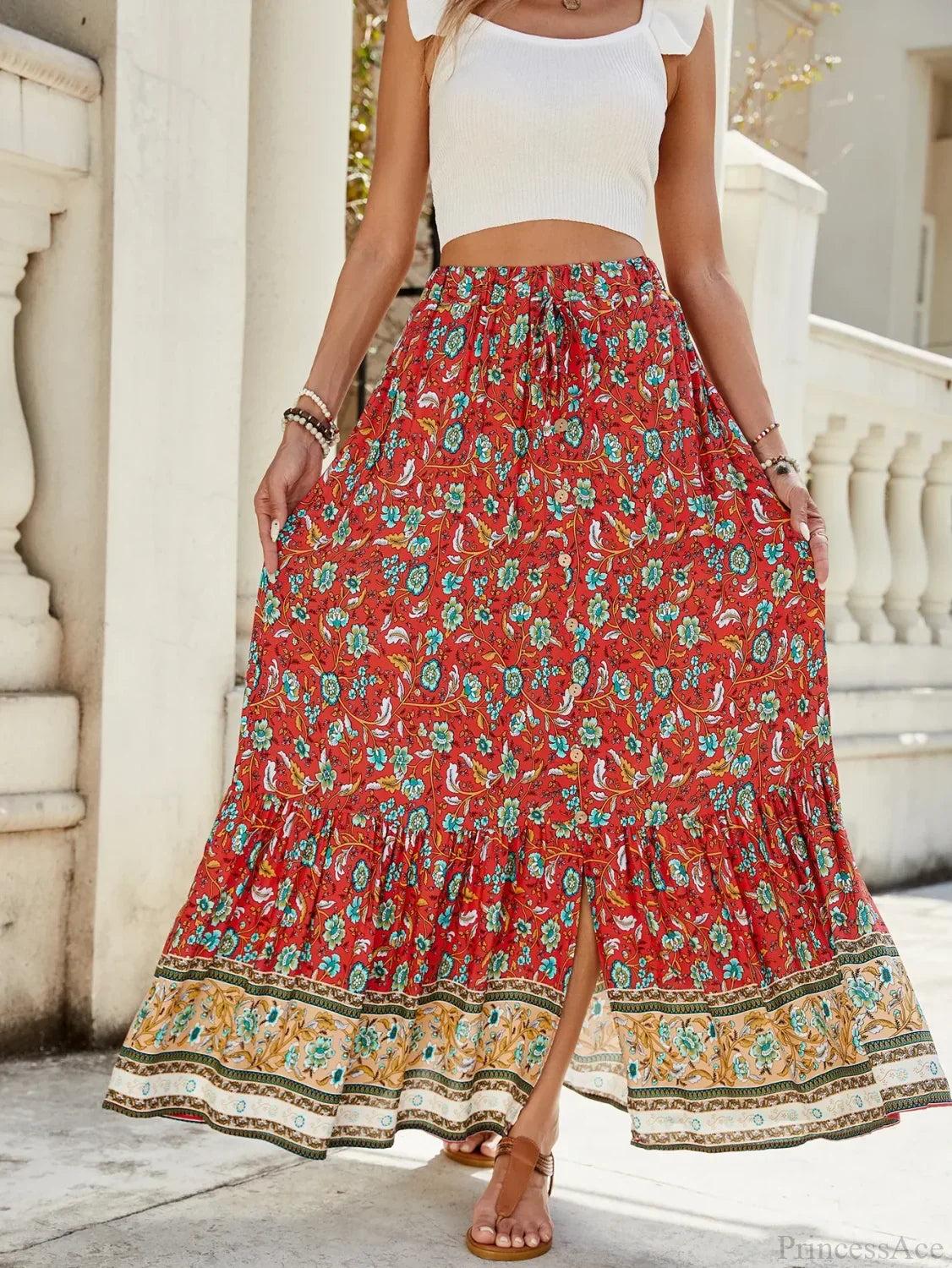 Women Boho Maxi Skirts Button Down Floral A-line Hippie Chic image 1