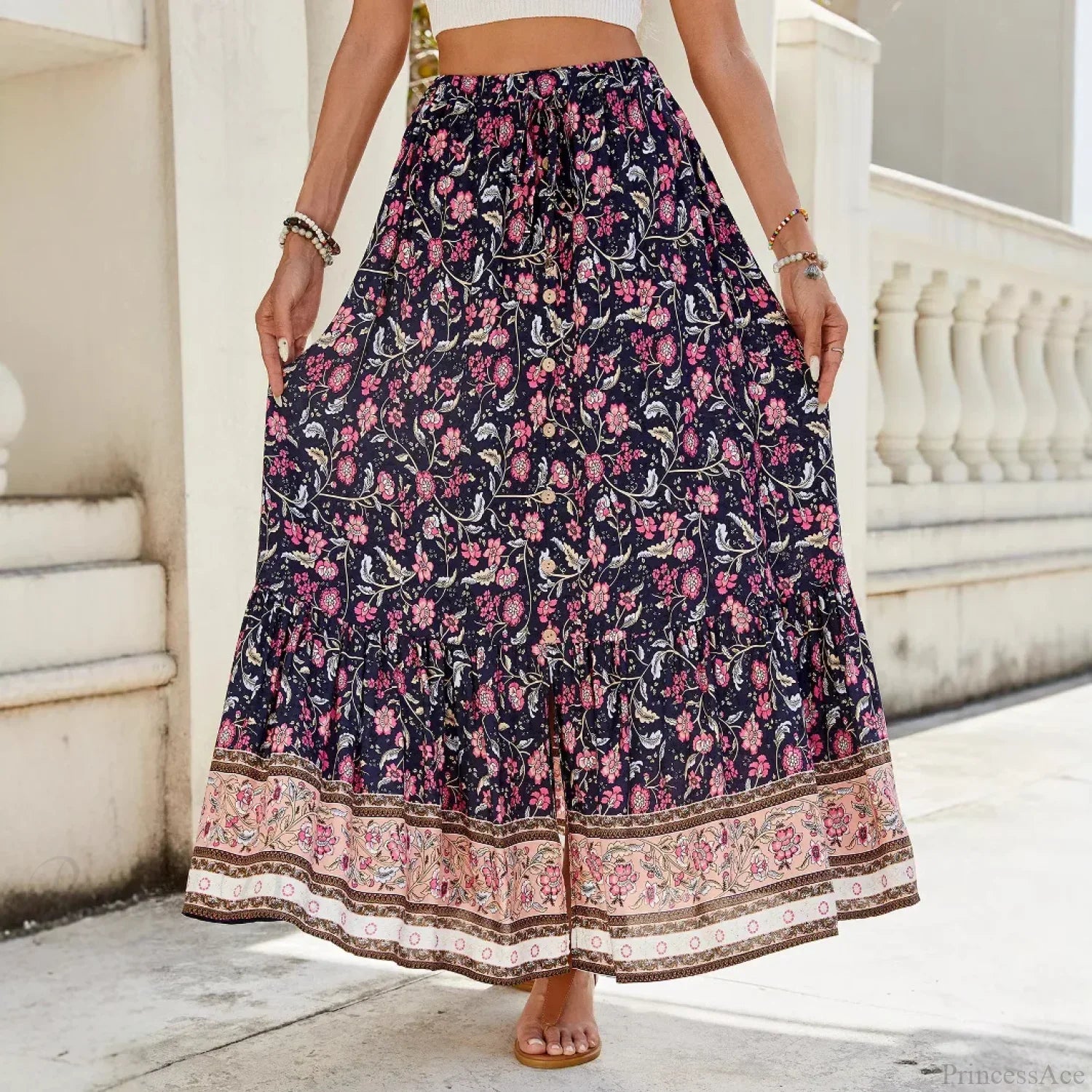 Women Boho Maxi Skirts Button Down Floral A-line Hippie Chic image 6