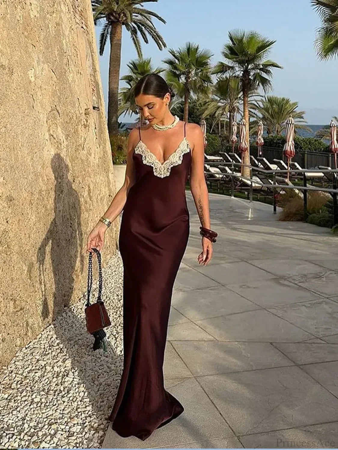 Women Chic Elegant Solid Spliced Lace Midi Sling Backless Party Dress image 1