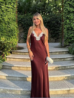 Women Chic Elegant Solid Spliced Lace Midi Sling Backless Party Dress image 6