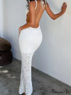 Women Crochet Knitted Hollow Out Backless Spaghetti Strap Halter Lace-up Beachwear Female Vestidos image 2