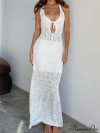 Women Crochet Knitted Hollow Out Backless Spaghetti Strap Halter Lace-up Beachwear Female Vestidos image 1