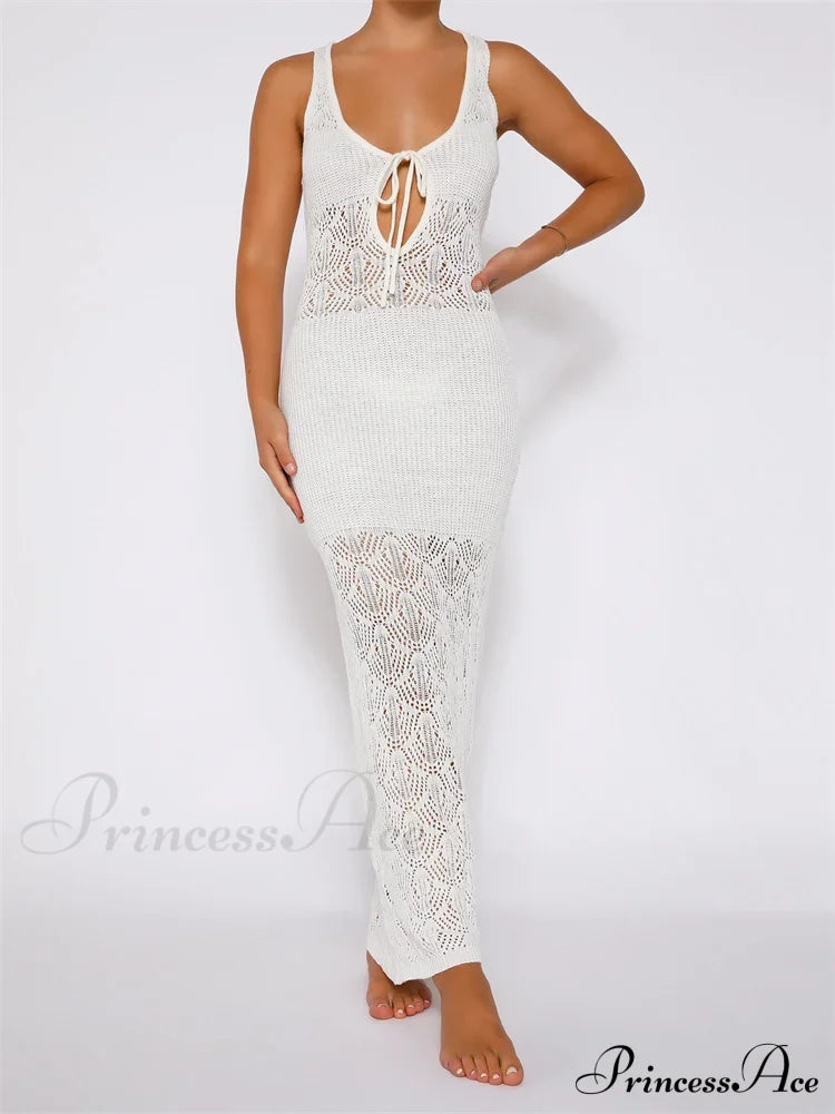 Women Crochet Knitted Hollow Out Backless Spaghetti Strap Halter Lace-up Beachwear Female Vestidos image 4