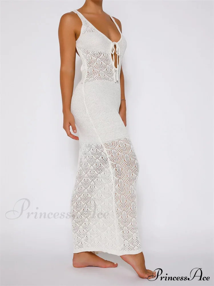 Women Crochet Knitted Hollow Out Backless Spaghetti Strap Halter Lace-up Beachwear Female Vestidos image 5