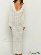Women Crochet Knitted Sleeve Hollow Out V-neck Backless Lace-up Beach Cover Ups Summer Vestidos image 1