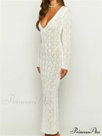 Women Crochet Knitted Sleeve Hollow Out V-neck Backless Lace-up Beach Cover Ups Summer Vestidos image 3