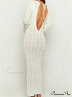Women Crochet Knitted Sleeve Hollow Out V-neck Backless Lace-up Beach Cover Ups Summer Vestidos image 4