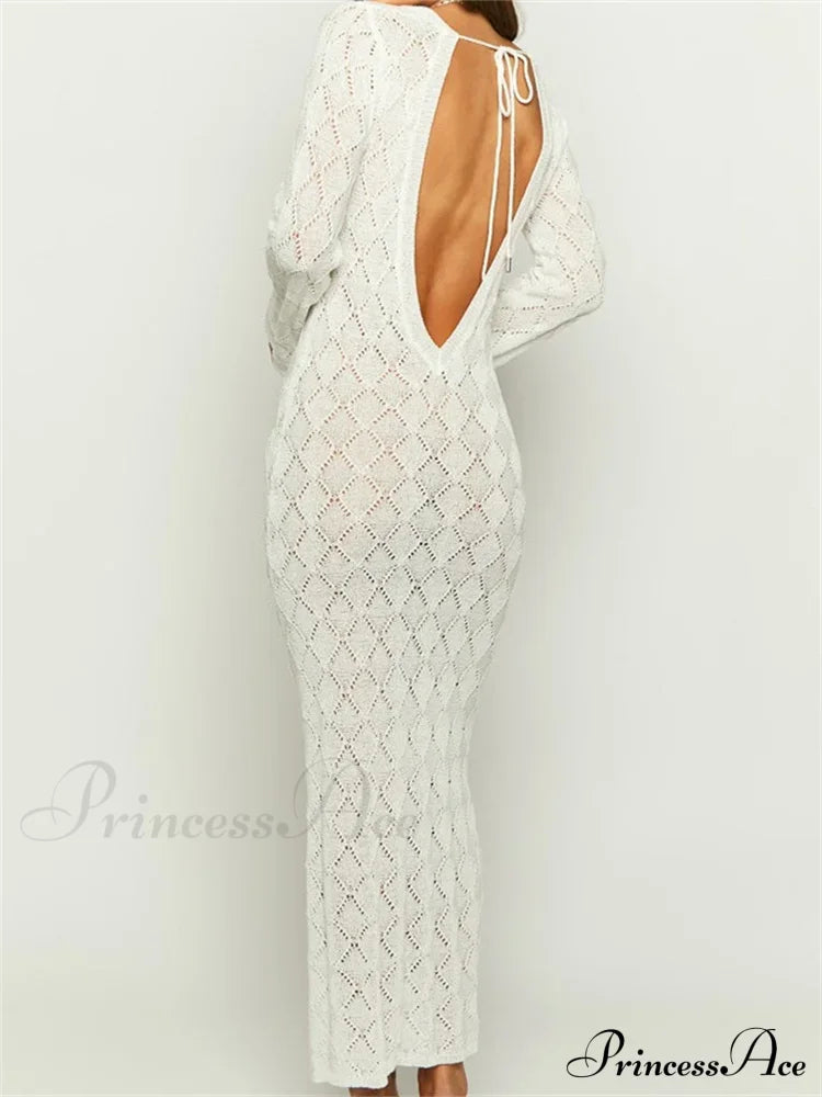 Women Crochet Knitted Sleeve Hollow Out V-neck Backless Lace-up Beach Cover Ups Summer Vestidos image 4
