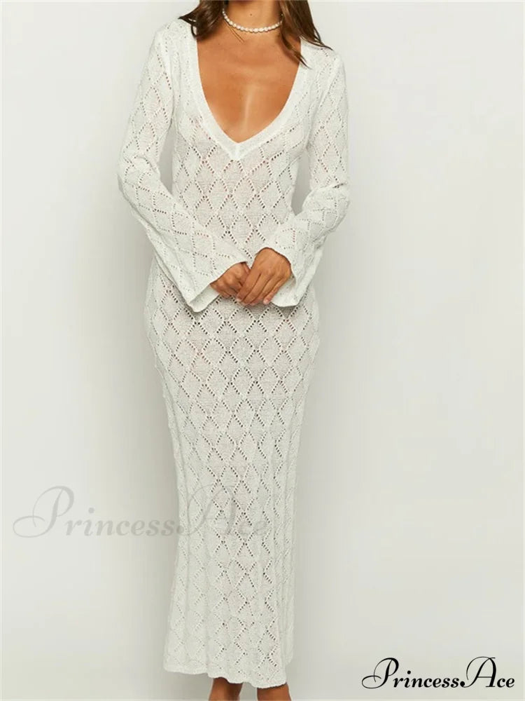Women Crochet Knitted Sleeve Hollow Out V-neck Backless Lace-up Beach Cover Ups Summer Vestidos image 2