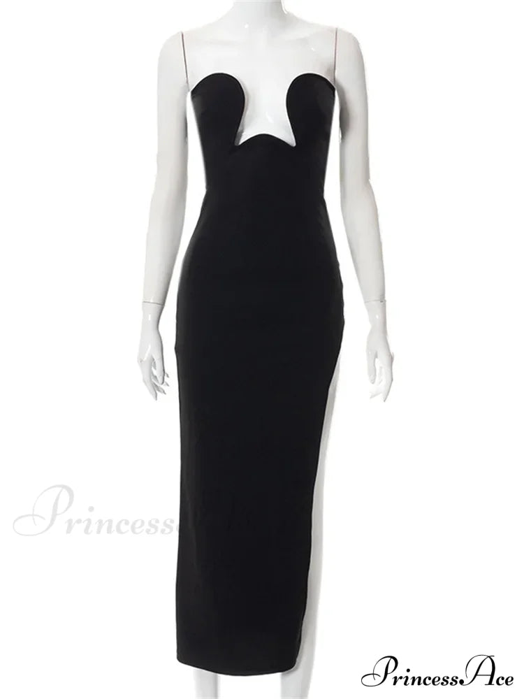 Women Elegant Low Cut Black Solid Sleeveless Satrpless Off Shoulder Push Up High Split Vestidos Party image 5