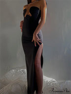 Women Elegant Low Cut Black Solid Sleeveless Satrpless Off Shoulder Push Up High Split Vestidos Party image 3