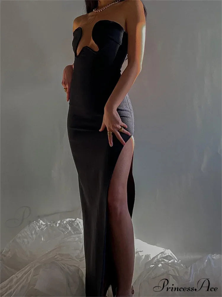 Women Elegant Low Cut Black Solid Sleeveless Satrpless Off Shoulder Push Up High Split Vestidos Party image 3