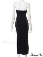 Women Elegant Low Cut Black Solid Sleeveless Satrpless Off Shoulder Push Up High Split Vestidos Party image 6