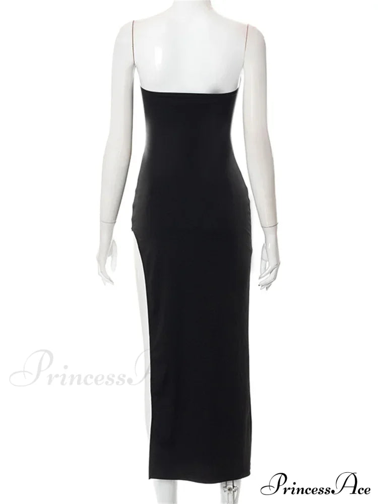 Women Elegant Low Cut Black Solid Sleeveless Satrpless Off Shoulder Push Up High Split Vestidos Party image 6