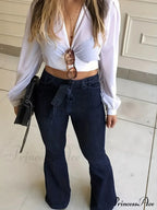 Women Fashion Blue Denim High-Stretch Bell Bottom Legs Denim Pants Women Solid Color High Waist Flare Jeans image 3