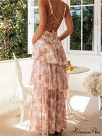 Women Floral Print Sleeveless Deep V Neck Tiered Ruffles Hem Spring Summer Backless Beach Vestidos image 2