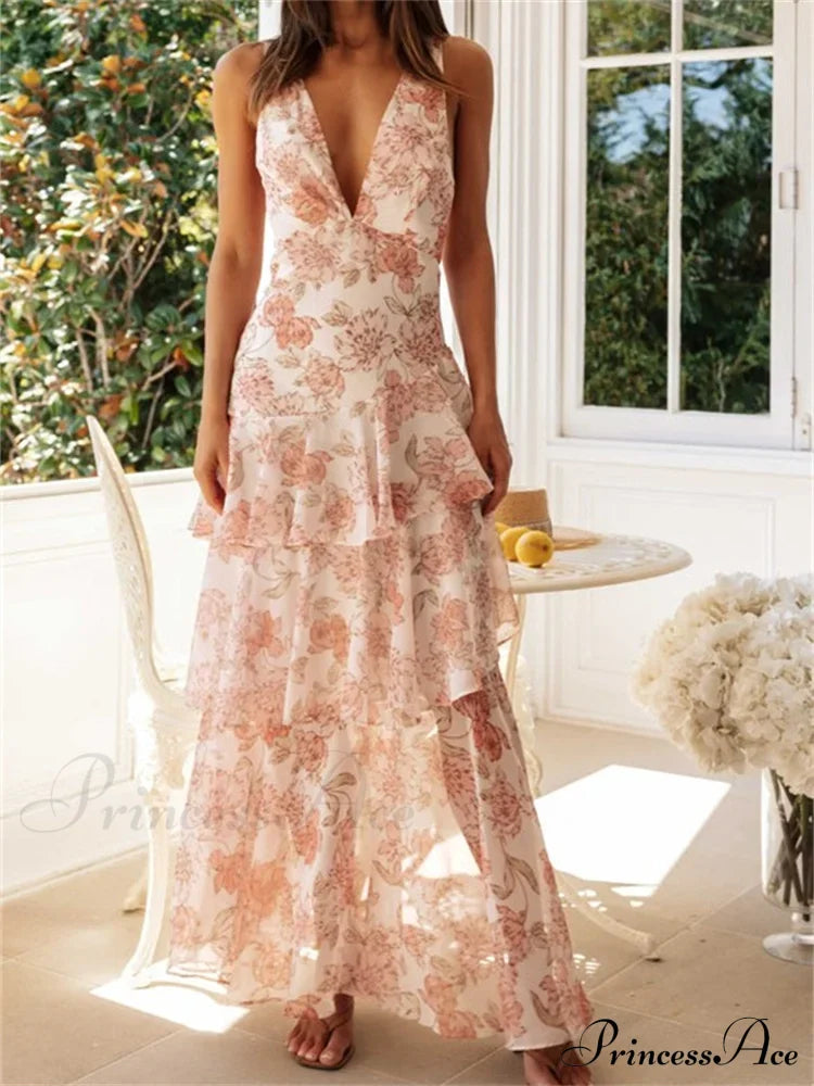 Women Floral Print Sleeveless Deep V Neck Tiered Ruffles Hem Spring Summer Backless Beach Vestidos image 4