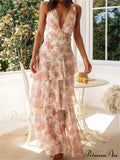 Women Floral Print Sleeveless Deep V Neck Tiered Ruffles Hem Spring Summer Backless Beach Vestidos image 1