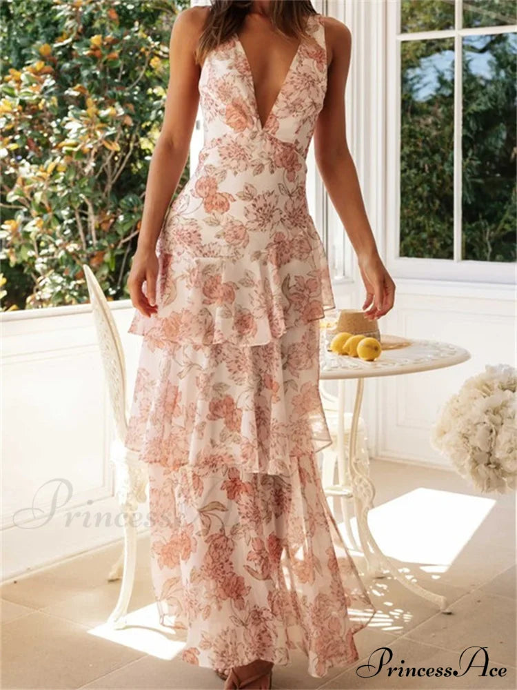 Women Floral Print Sleeveless Deep V Neck Tiered Ruffles Hem Spring Summer Backless Beach Vestidos image 1