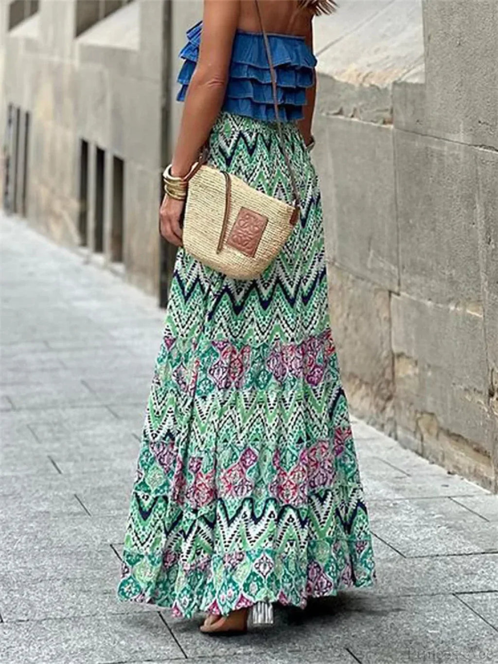 Women Flowy Boho Skirt Printed Ruffled Hem Summer Vacation Club Skirt image 4
