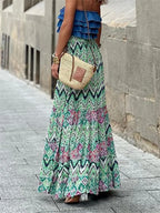 Women Flowy Boho Skirt Printed Ruffled Hem Summer Vacation Club Skirt image 4