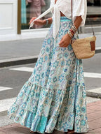 Women Flowy Boho Skirt Printed Ruffled Hem Summer Vacation Club Skirt image 2