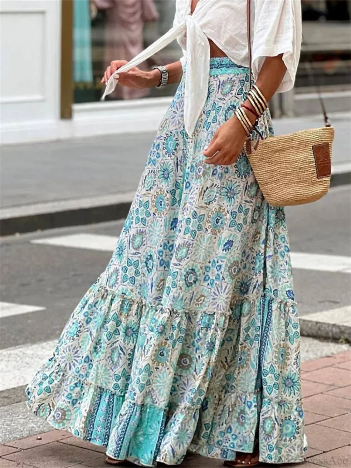 Women Flowy Boho Skirt Printed Ruffled Hem Summer Vacation Club Skirt image 2