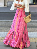 Women Flowy Boho Skirt Printed Ruffled Hem Summer Vacation Club Skirt image 6