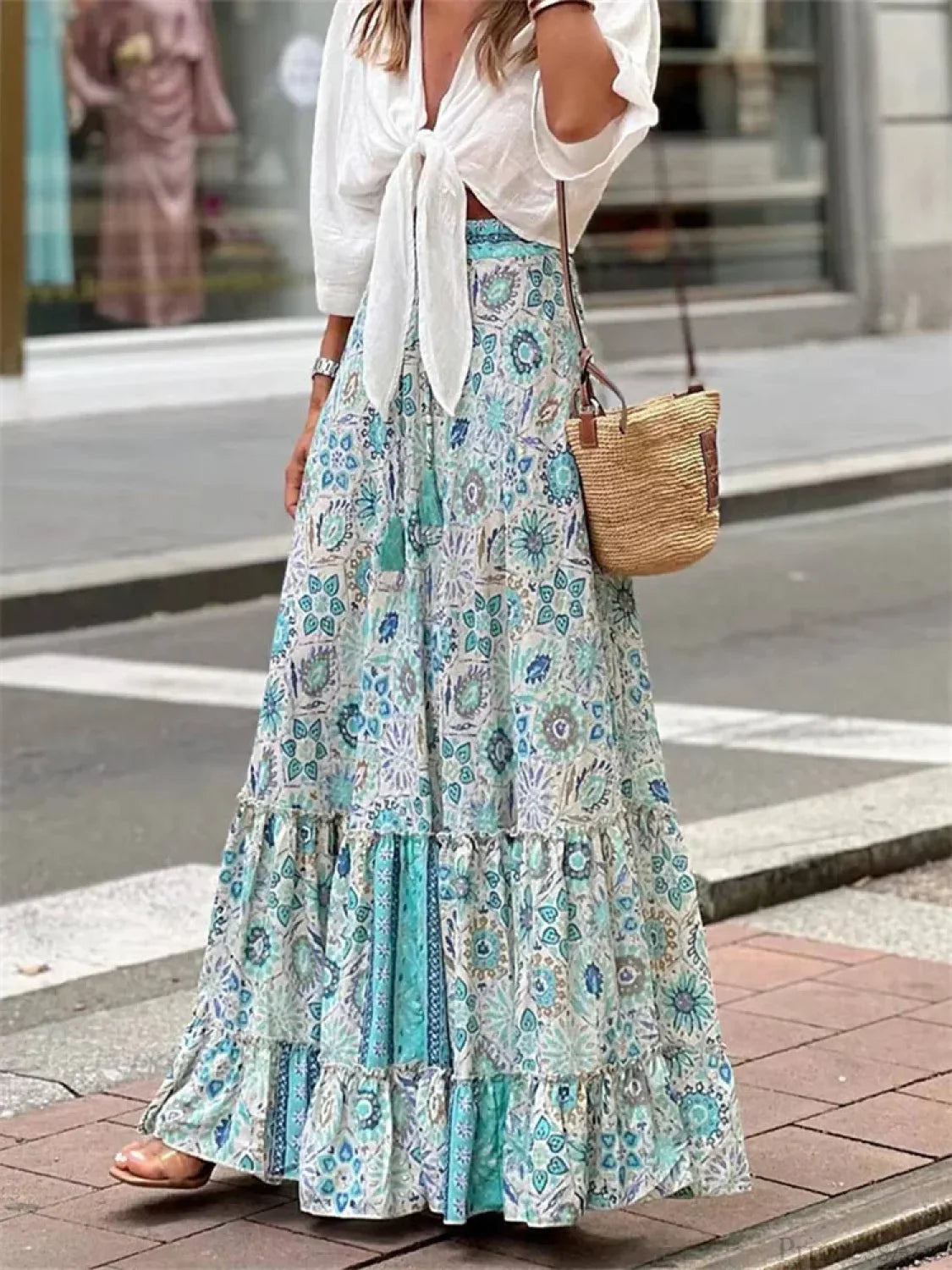 Women Flowy Boho Skirt Printed Ruffled Hem Summer Vacation Club Skirt image 1