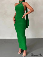 Women Halter Lace-up Sleeveless Off Shoulder Backless Ruched Party Club Solid Color Female Vestidos image 4