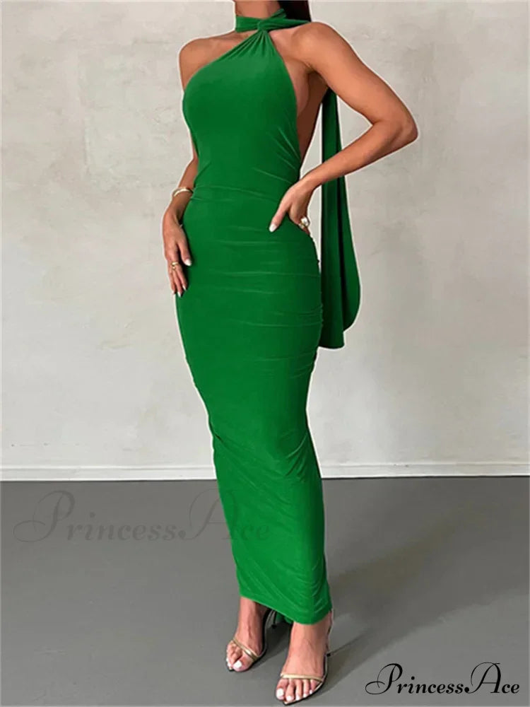 Women Halter Lace-up Sleeveless Off Shoulder Backless Ruched Party Club Solid Color Female Vestidos image 4