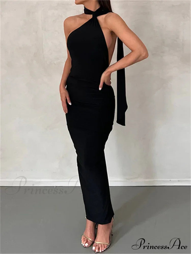 Women Halter Lace-up Sleeveless Off Shoulder Backless Ruched Party Club Solid Color Female Vestidos image 5